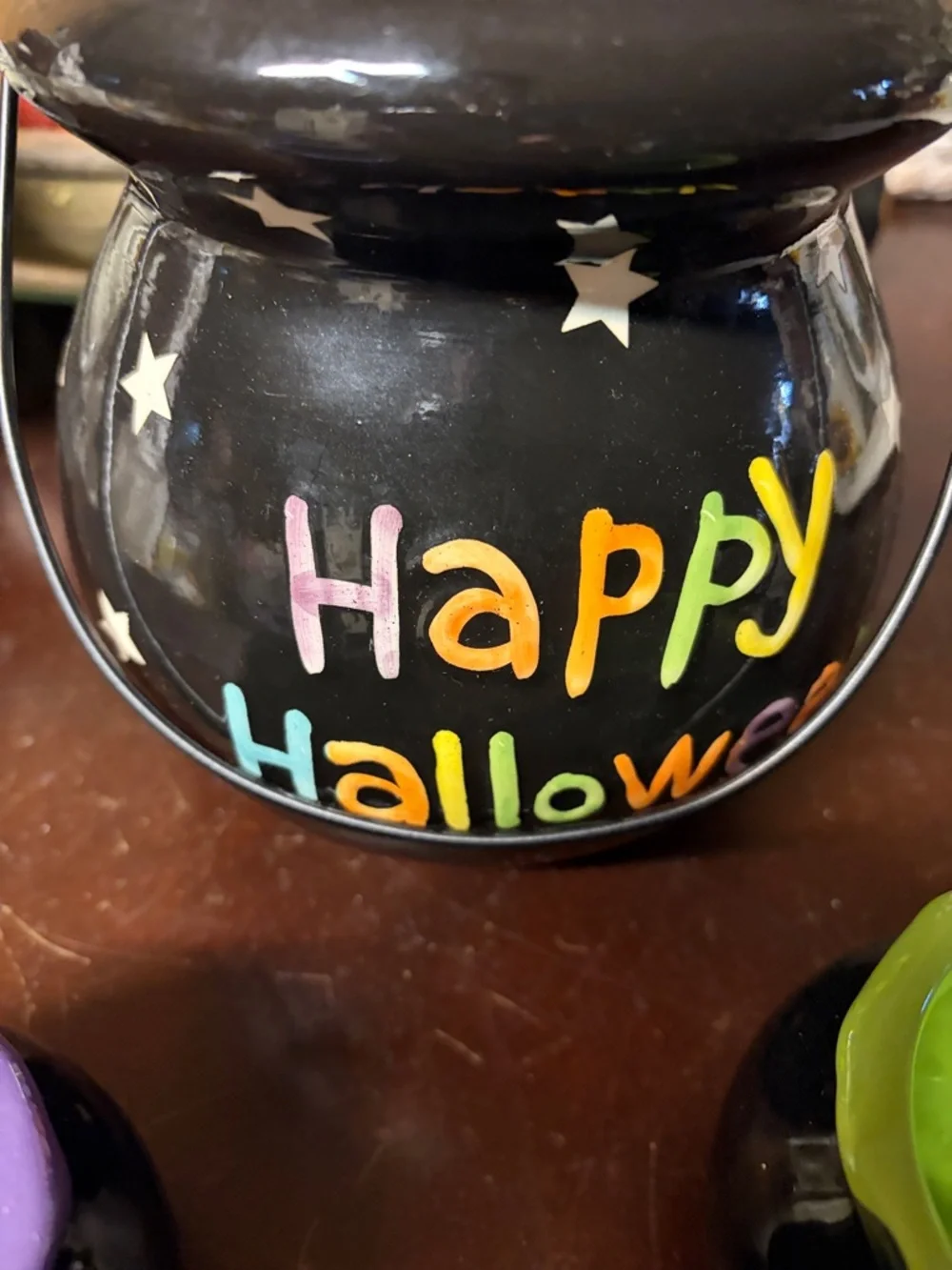 Happy Halloween Ceramic Cauldron Candle Holder - Black with Multicolor Lettering